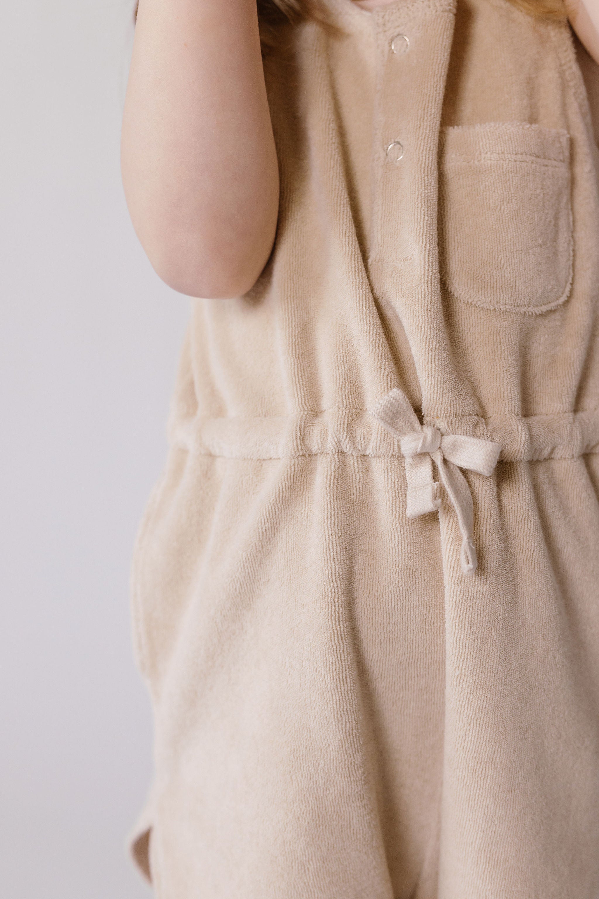 Pehr-Classic Terry Drawstring Romper-Sand-Toddler-2