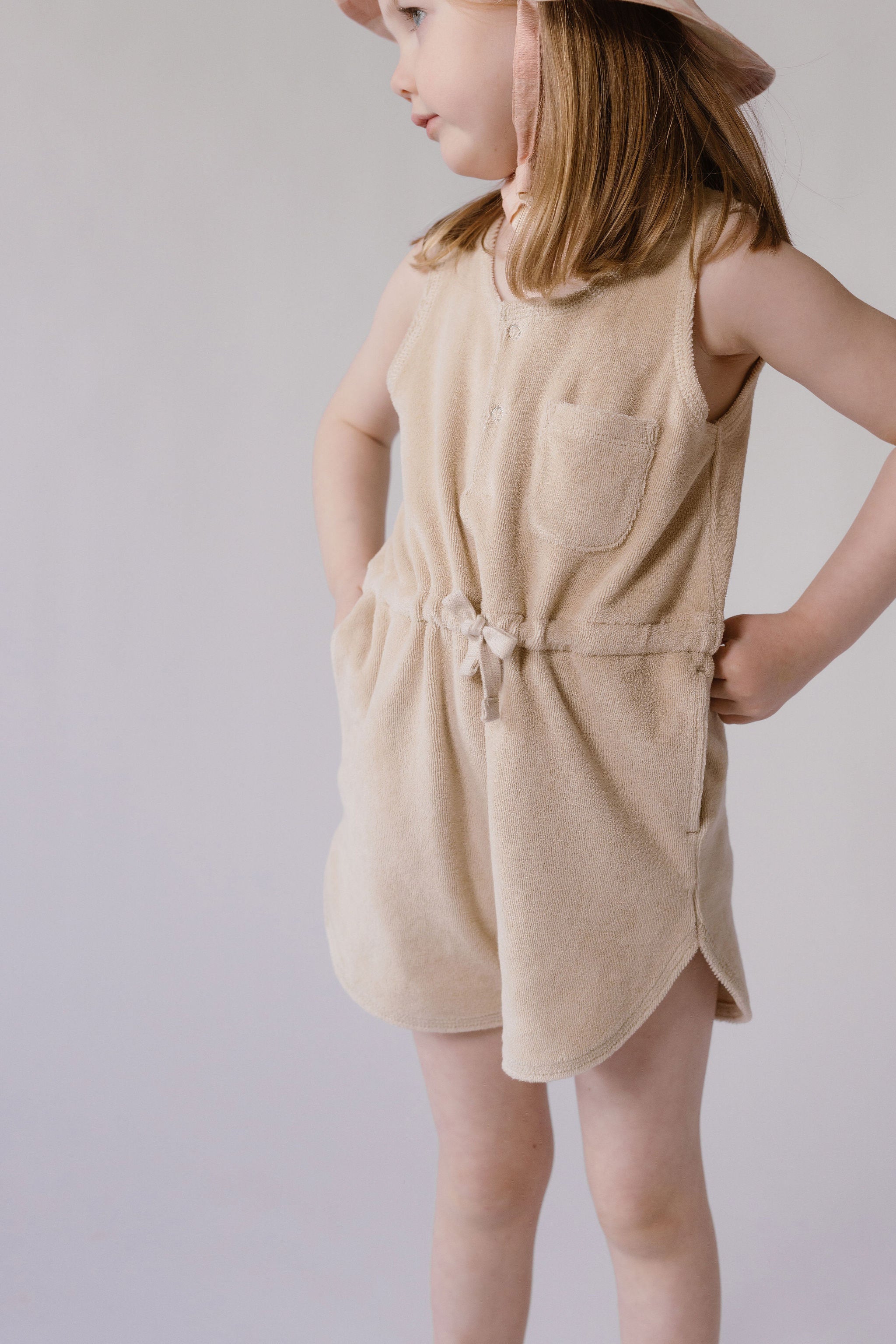 Pehr-Classic Terry Drawstring Romper-Sand-Toddler-3