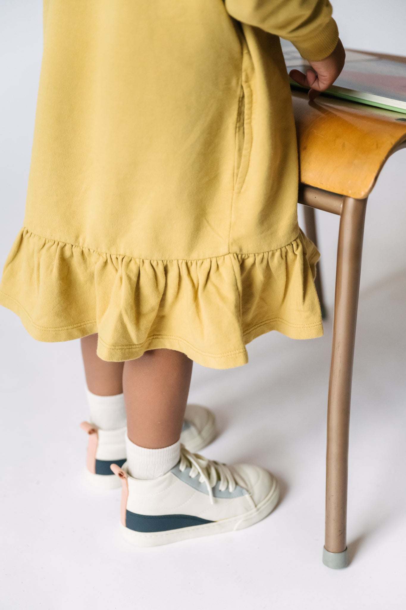 Pehr-Kids French Terry Ruffle Hem Dress-Dijon-2