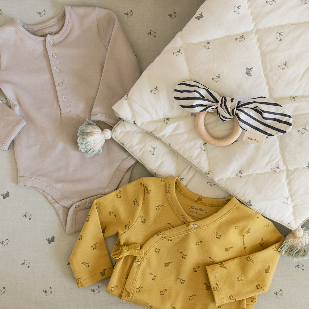 baby onesies, blanket and teething ring in crib