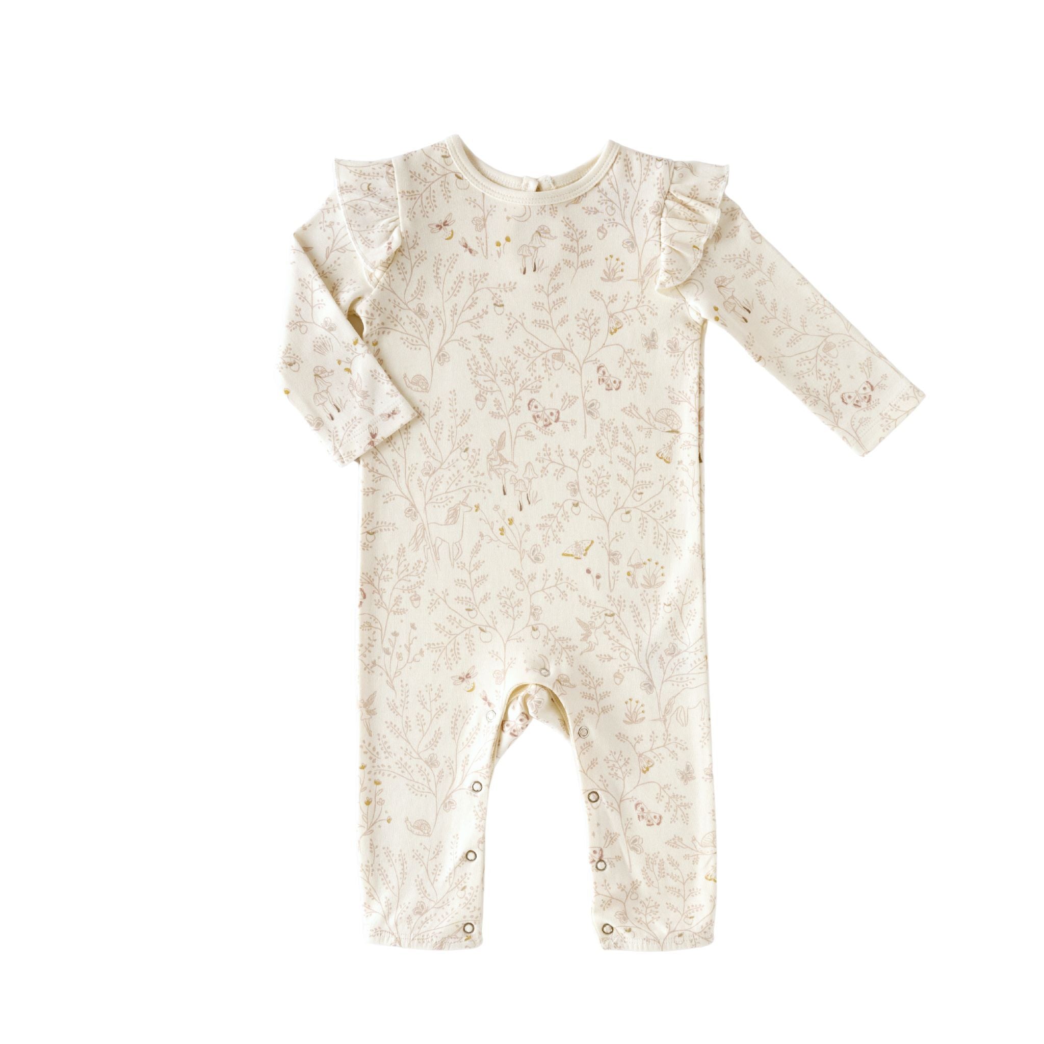 baby ruffle romper secret garden in pinks pattern