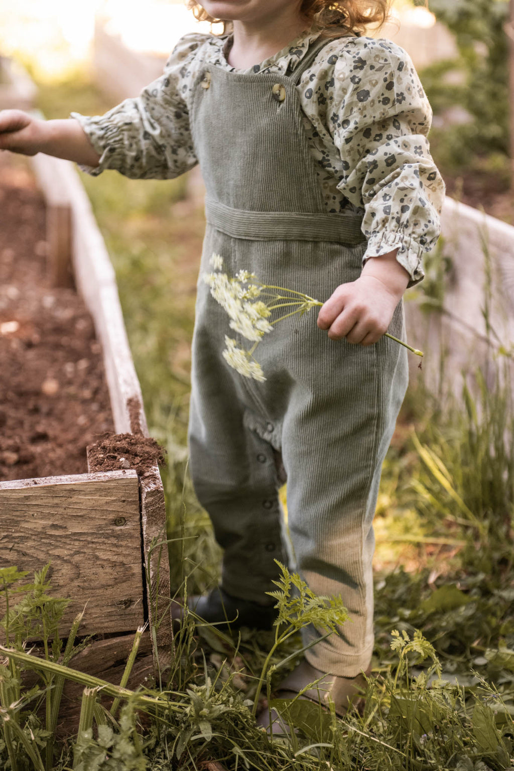 corduroy overall sage in greens pattern on toddler