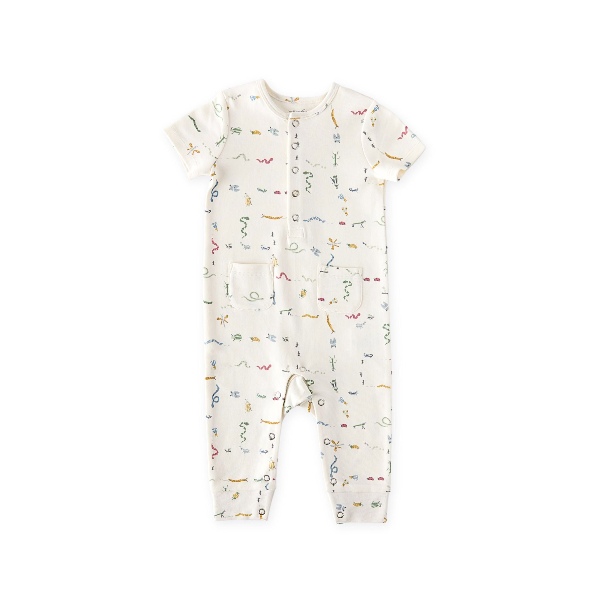 Pehr-Short Sleeve Henley Romper-Crawling Critters-1
