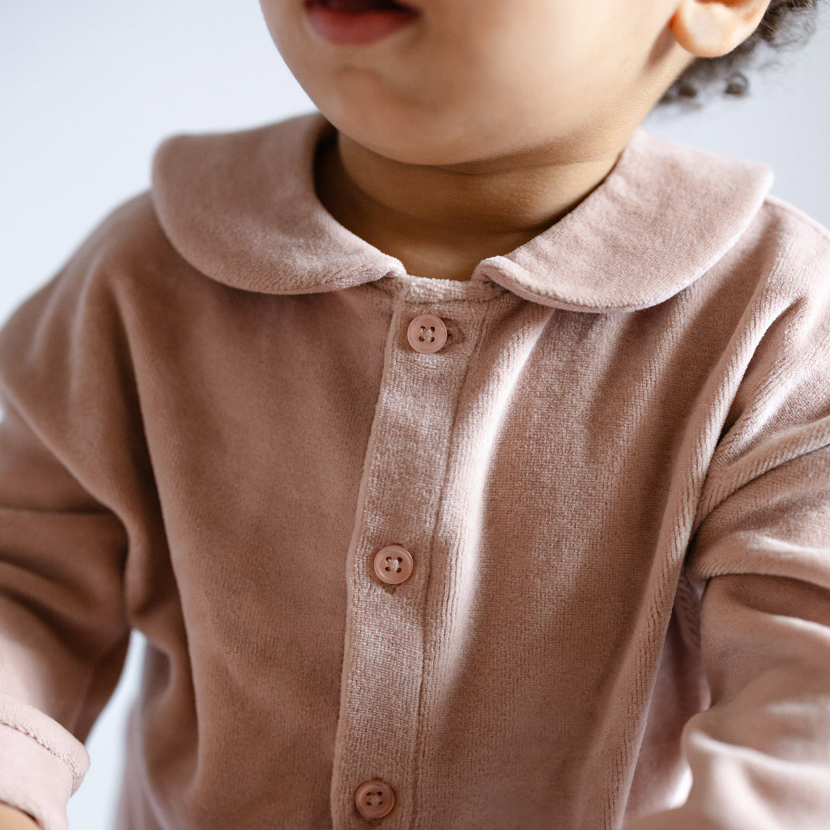 Velour Placket Romper - Rose Pink- Toddler- Up Close Buttons and Collar