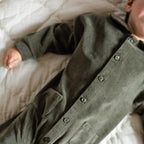 Velour Placket Romper - Pine- Baby- Up Close- Buttons- Pockets