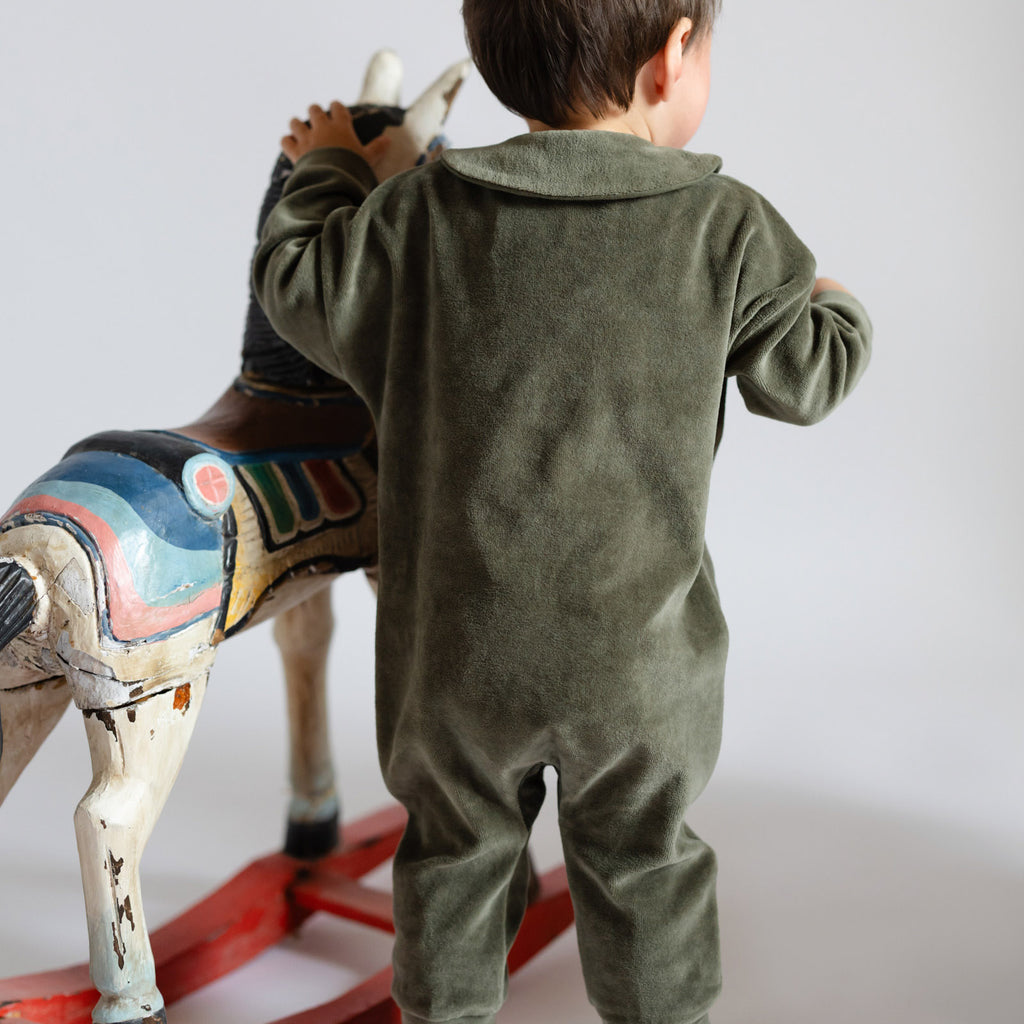 Velour Placket Romper - Pine- Back of Toddler