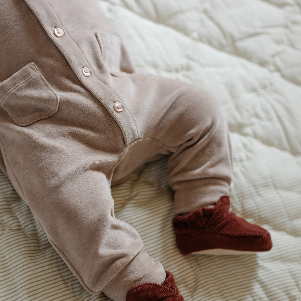 Velour Placket Romper - Rabbit- Baby With Booties