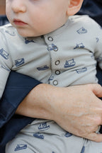 Essentials Henley Patch Pocket Romper - Tugboat- Up Close On Baby
