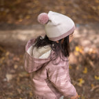 Wool Knit Hat - Rose- On Toddler- With Storm Jacket- Furry Pink Ball On Top