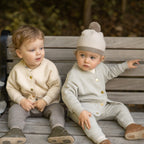 Wool Knit Hat - Portobello- On Toddler- Furry Beige Ball On Top- Cloud Collection