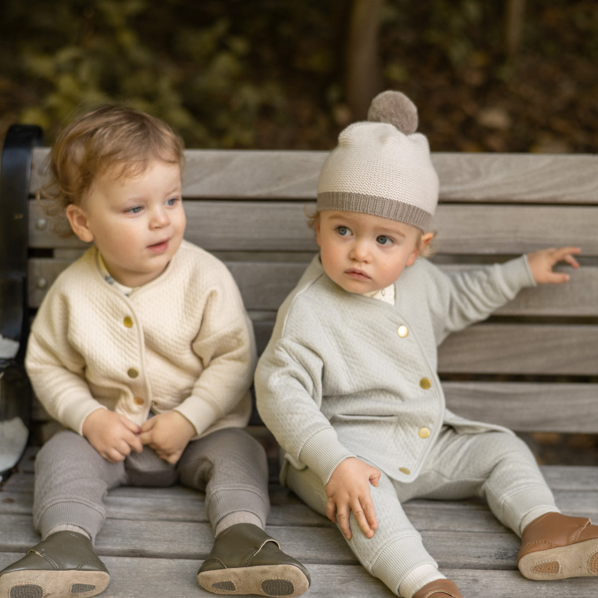 Wool Knit Hat - Portobello- On Toddler- Furry Beige Ball On Top- Cloud Collection