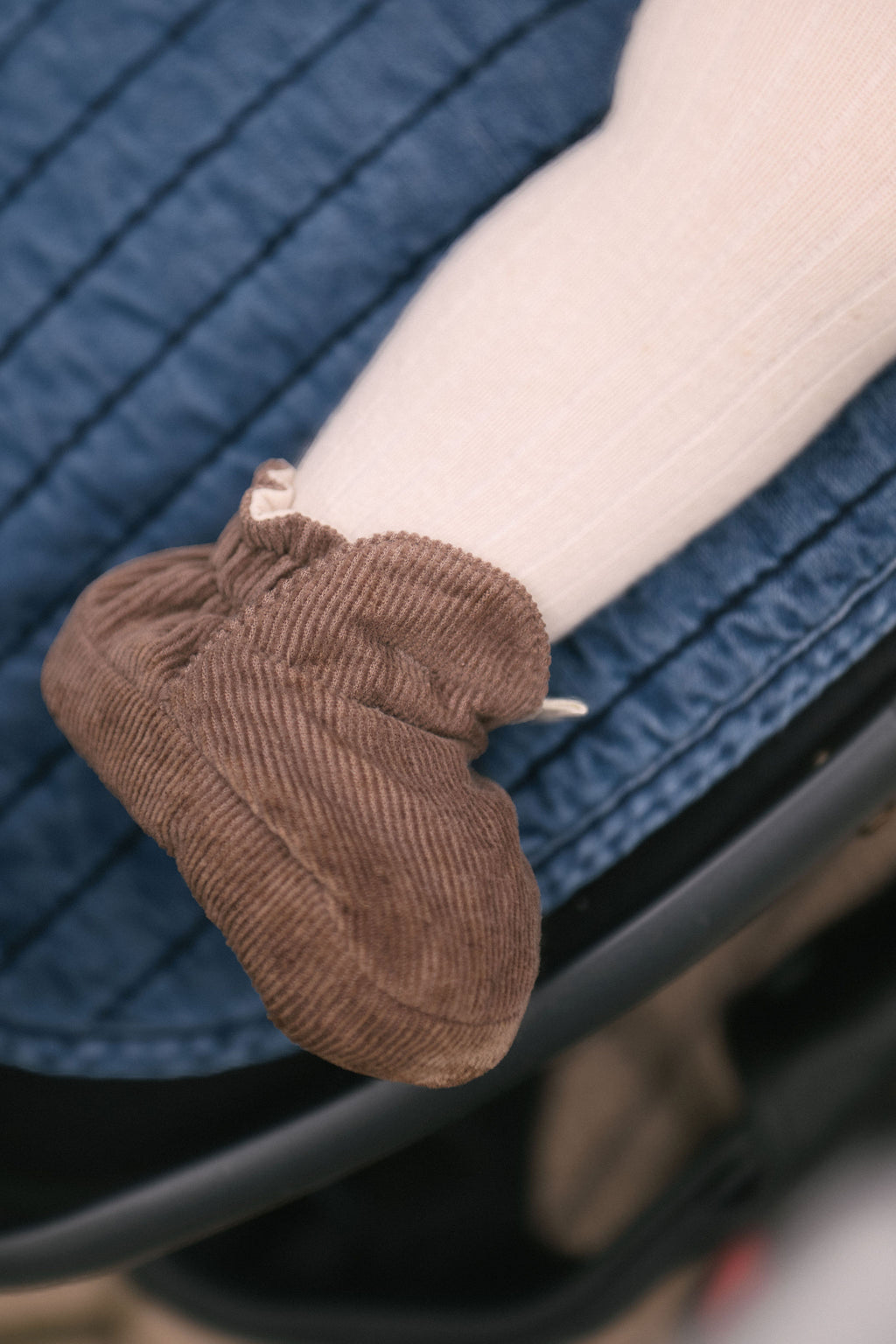 corduroy bootie portobello in neutrals pattern up close on baby foot