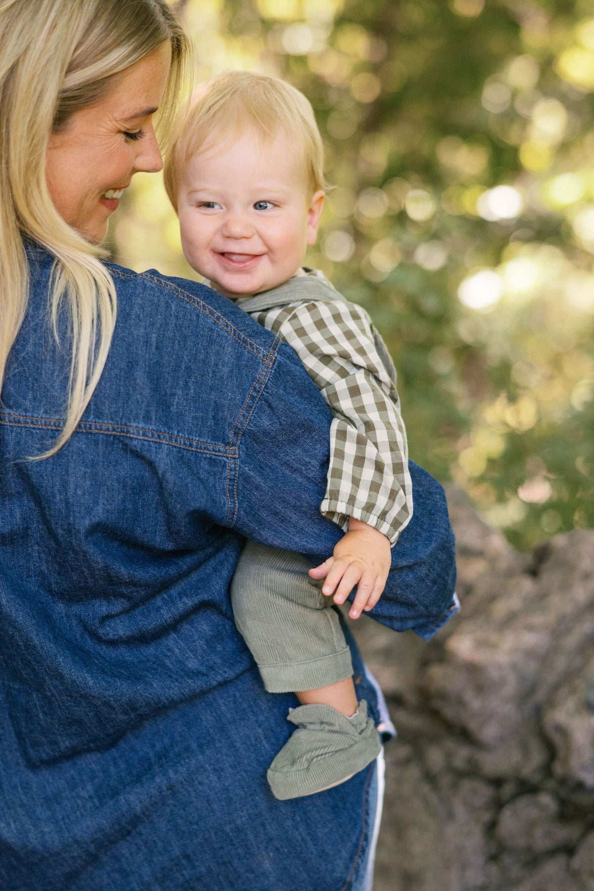 Corduroy Bootie - Sage- Mom holding baby