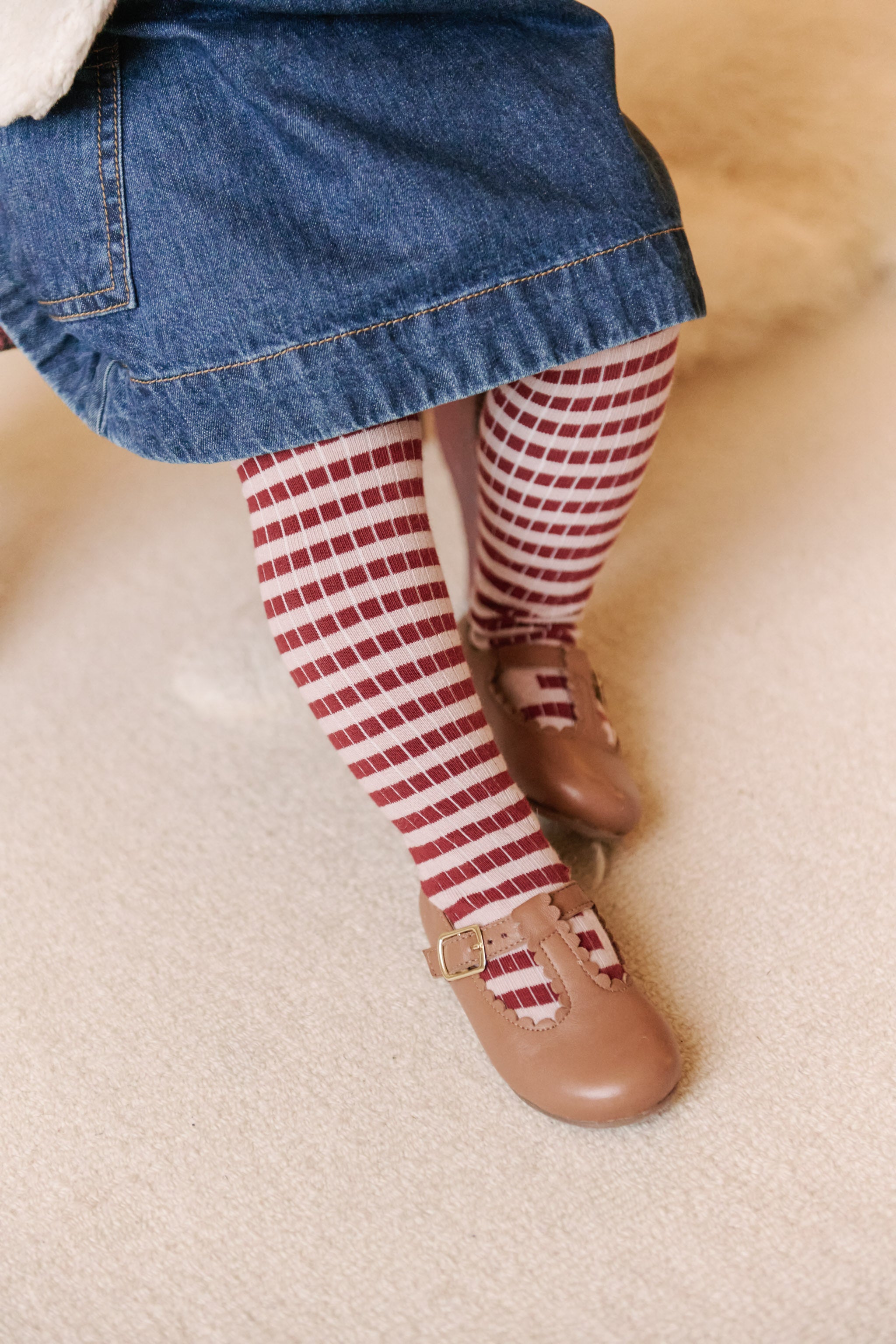 pehr-Striped Ribbed Tights With Grips-Soft Peony Mulberry Stripe-2