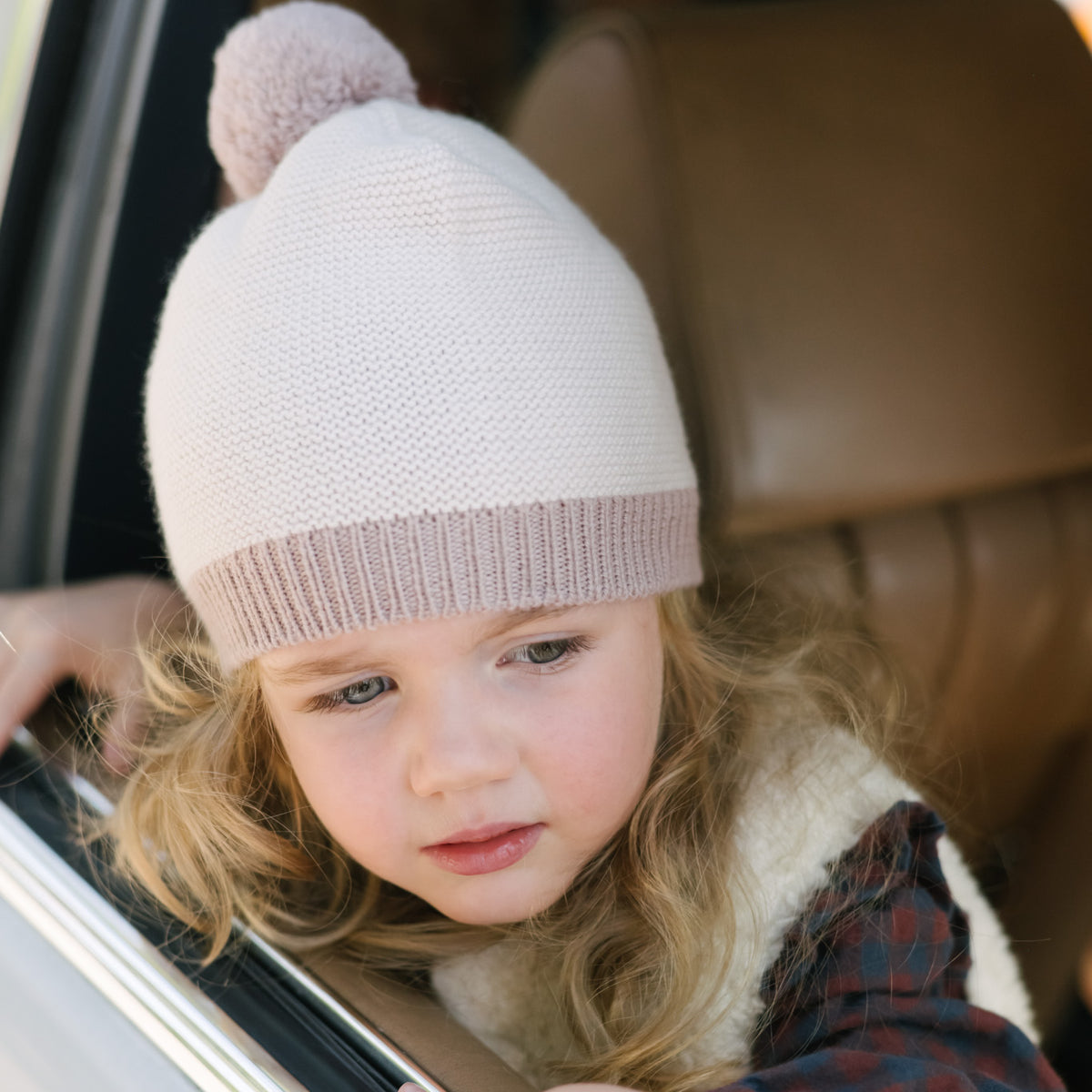 Toddler Wool Knit Hat - Rose- On Toddler- Outside Car Window