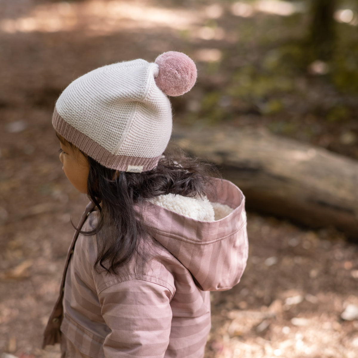 Toddler Wool Knit Hat - Rose- On Toddler- Pink Furry Ball On Top