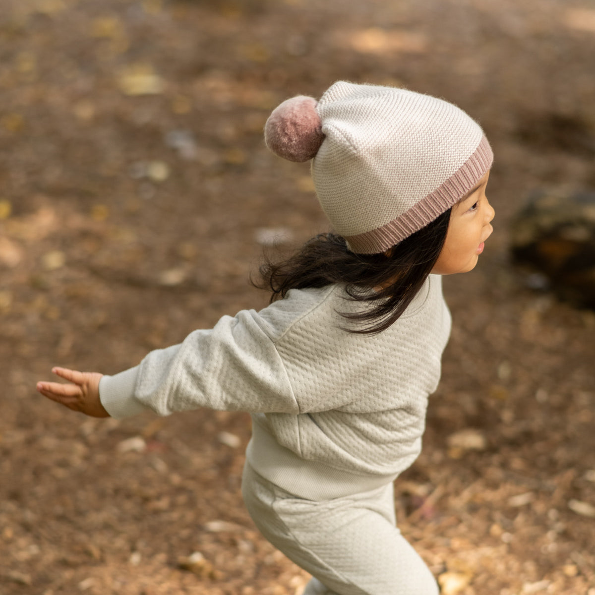 Toddler Wool Knit Hat - Rose- On Toddler Running Outside