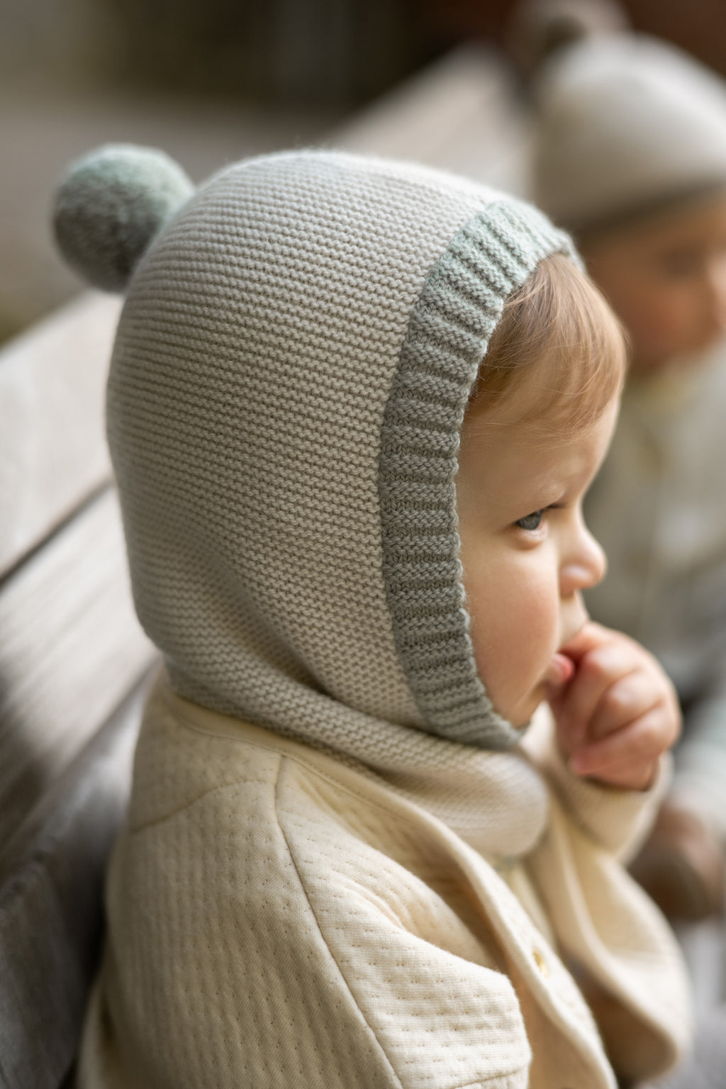 Toddler Wool Knit Balaclava - Natural - Sage- Side- Ball