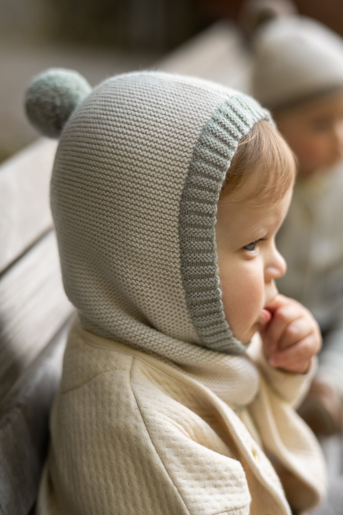 Toddler Wool Knit Balaclava - Natural - Sage- Side- Ball