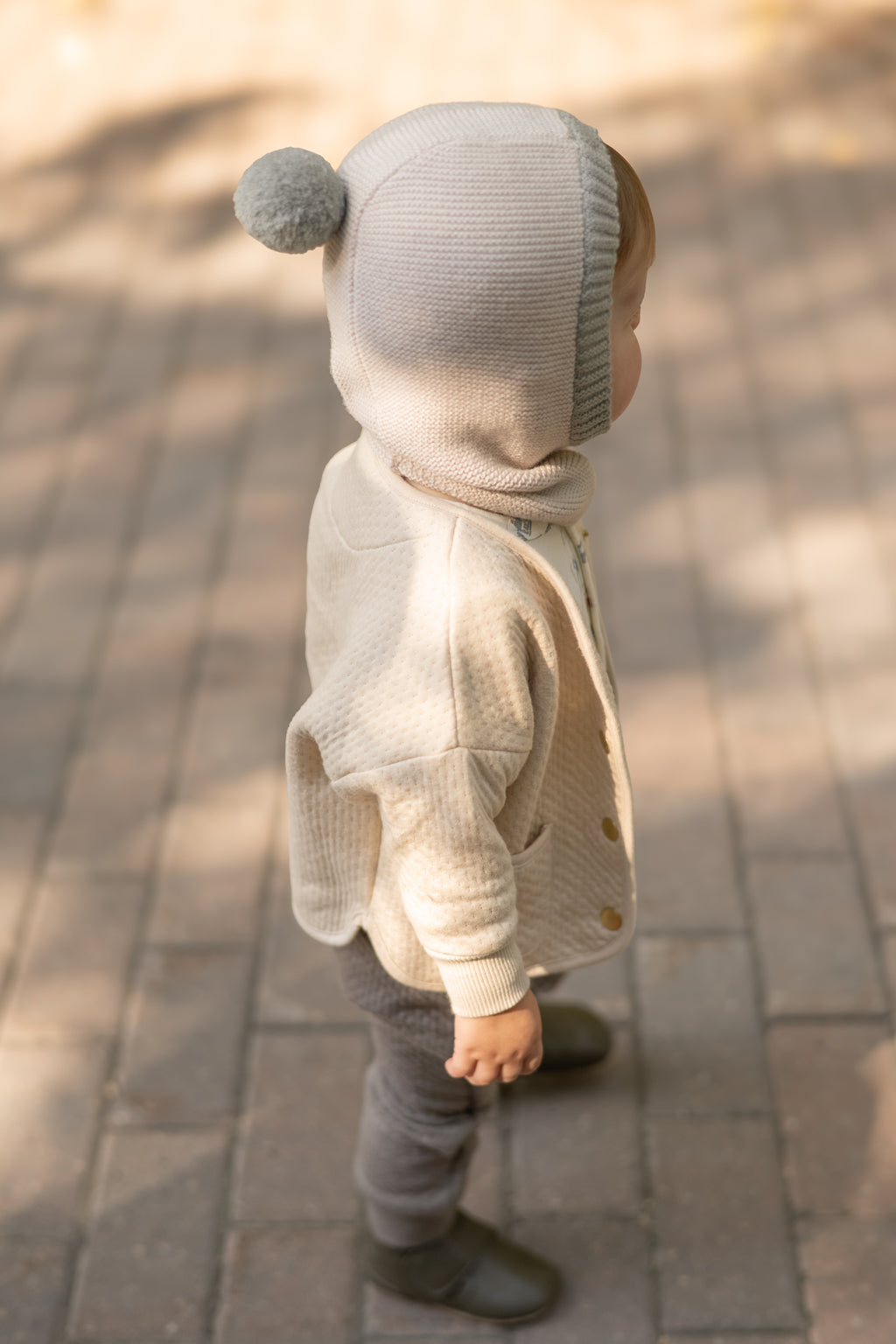Toddler Wool Knit Balaclava - Natural - Sage- Side- Ball