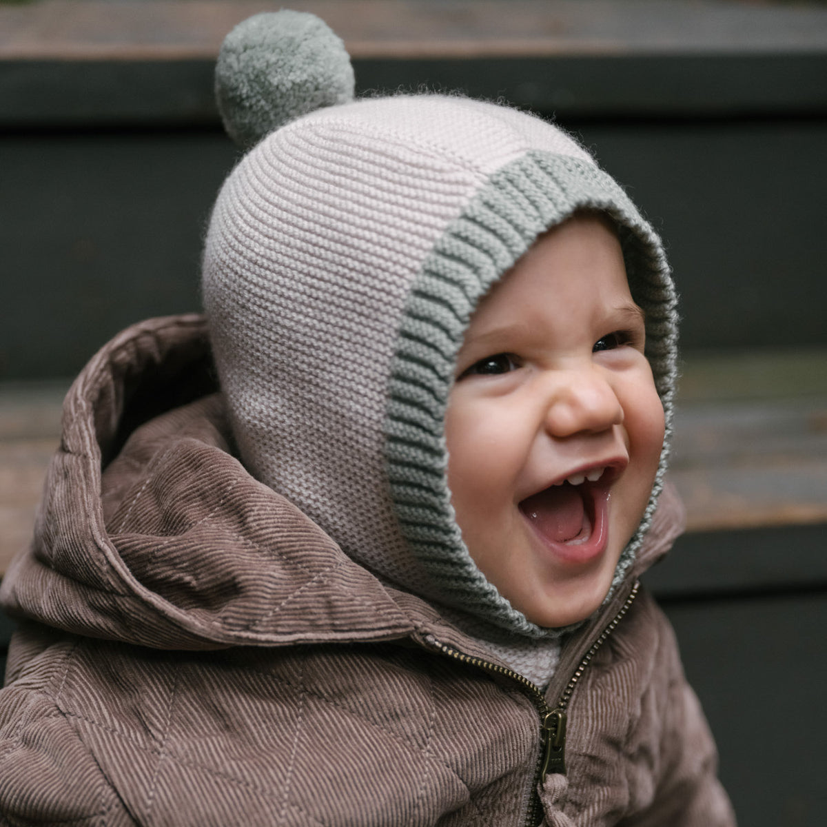 Toddler Wool Knit Balaclava - Natural - Sage- On Toddler With Corduroy Jacket