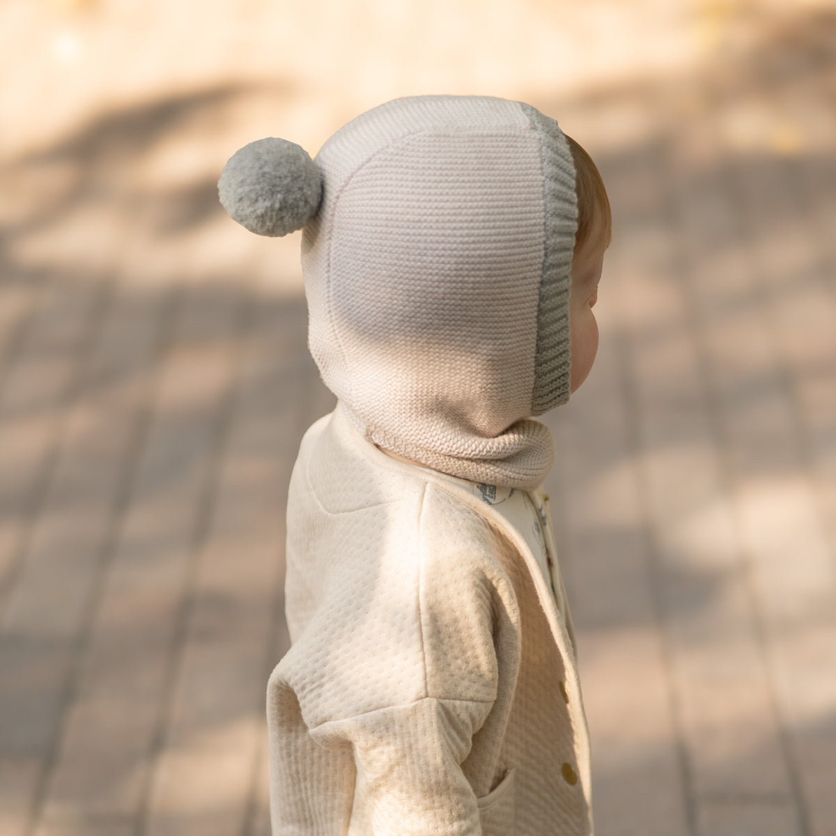 Toddler Wool Knit Balaclava - Natural - Sage- On Toddler- Furry Ball