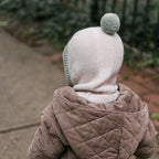 Toddler Wool Knit Balaclava - Natural - Sage- On Toddler- Back- Furry Ball