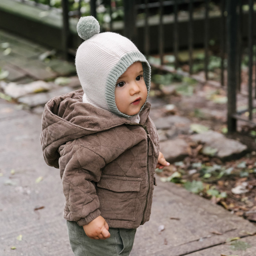 Toddler Wool Knit Balaclava - Natural - Sage- On Toddler- Furry Ball On Top