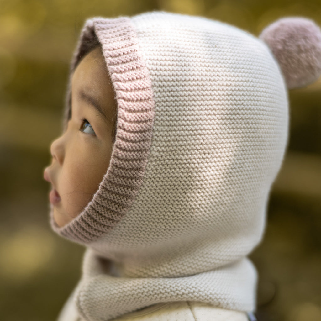 Toddler Wool Knit Balaclava - Natural - Rose- On Toddler