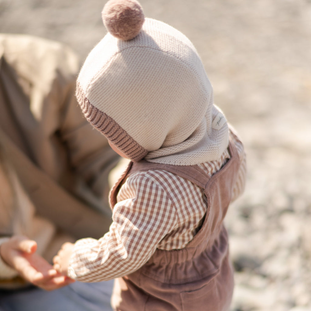 Toddler Wool Knit Balaclava - Natural - Rose- On Toddler- Furry Pink Ball On Top
