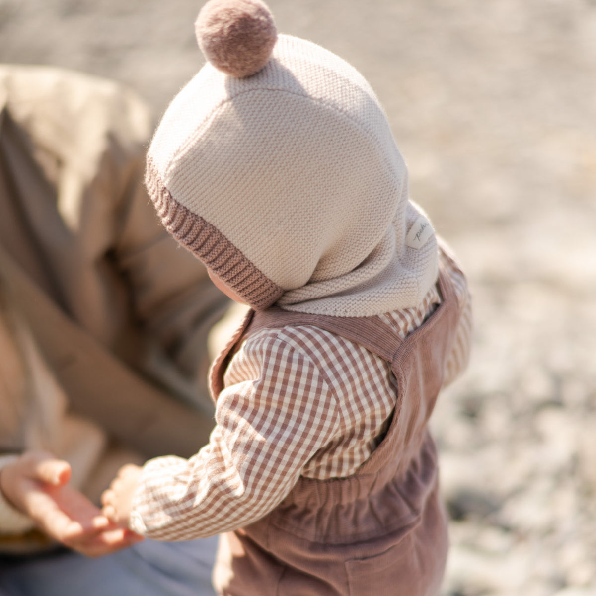 Toddler Wool Knit Balaclava - Natural - Rose- On Toddler- Furry Pink Ball On Top