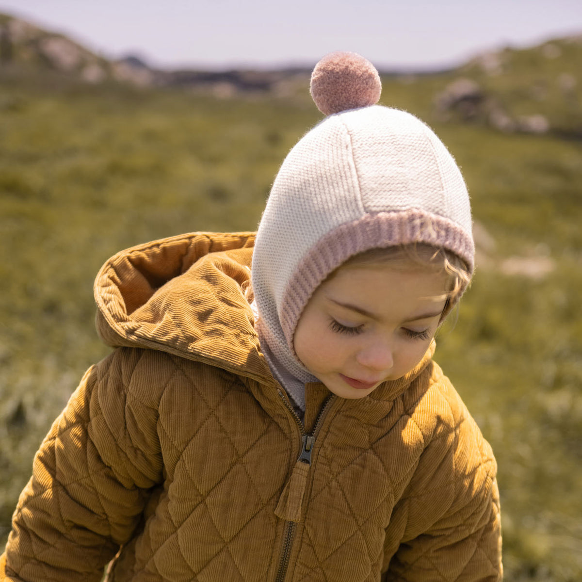 Toddler Wool Knit Balaclava - Natural - Rose- On Toddler- Pink Furry Ball On Top