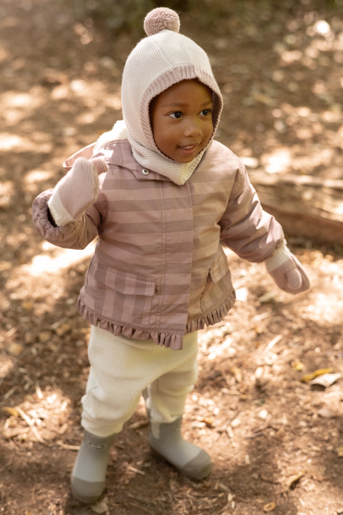 Toddler Wool Knit Balaclava - Natural - Rose- Ball On Top