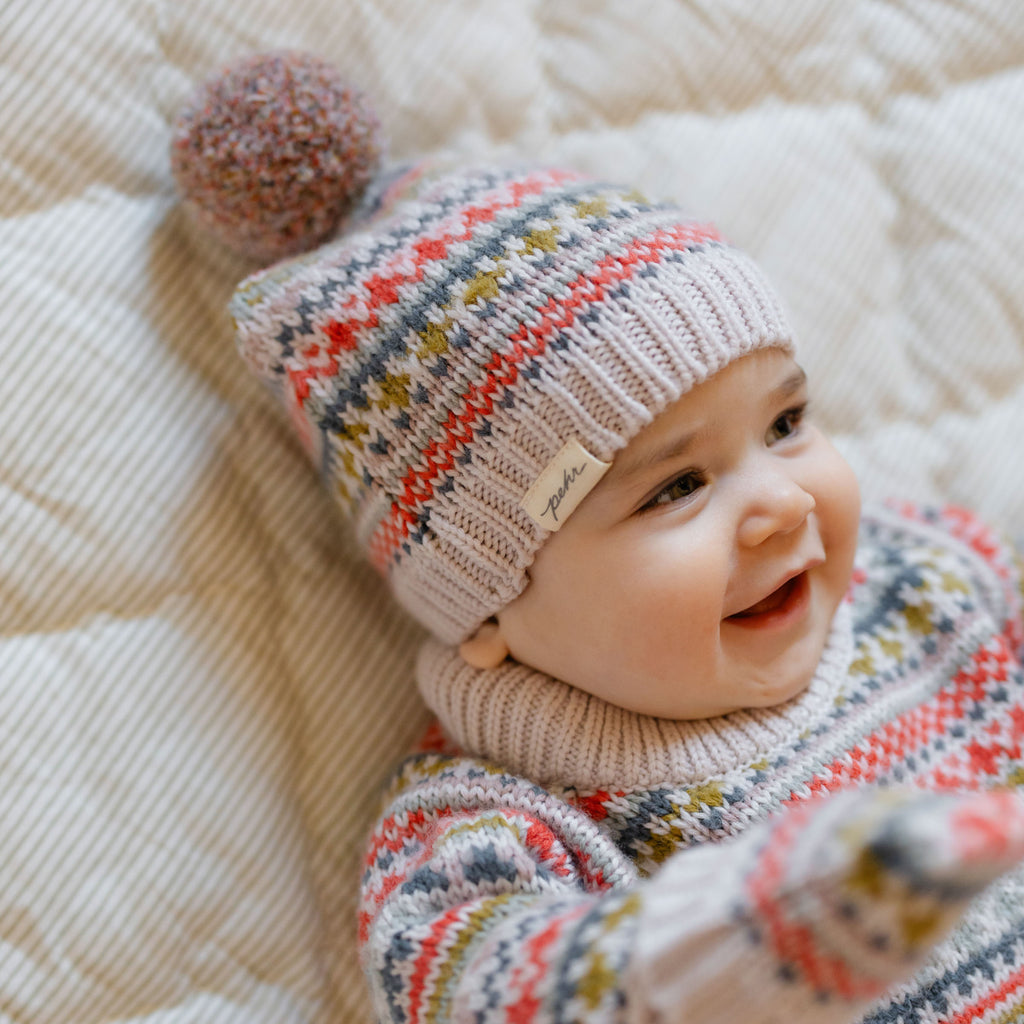 Knit Hat with Pom Pom - Alpine Fair Isle- On Baby