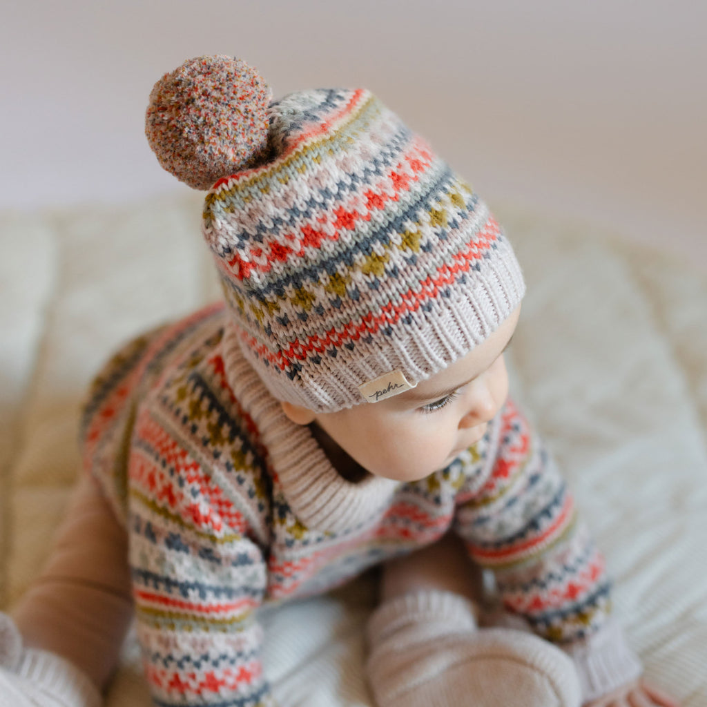 Knit Hat with Pom Pom - Alpine Fair Isle- On Baby- Colorful Knit- Fuzzy Ball