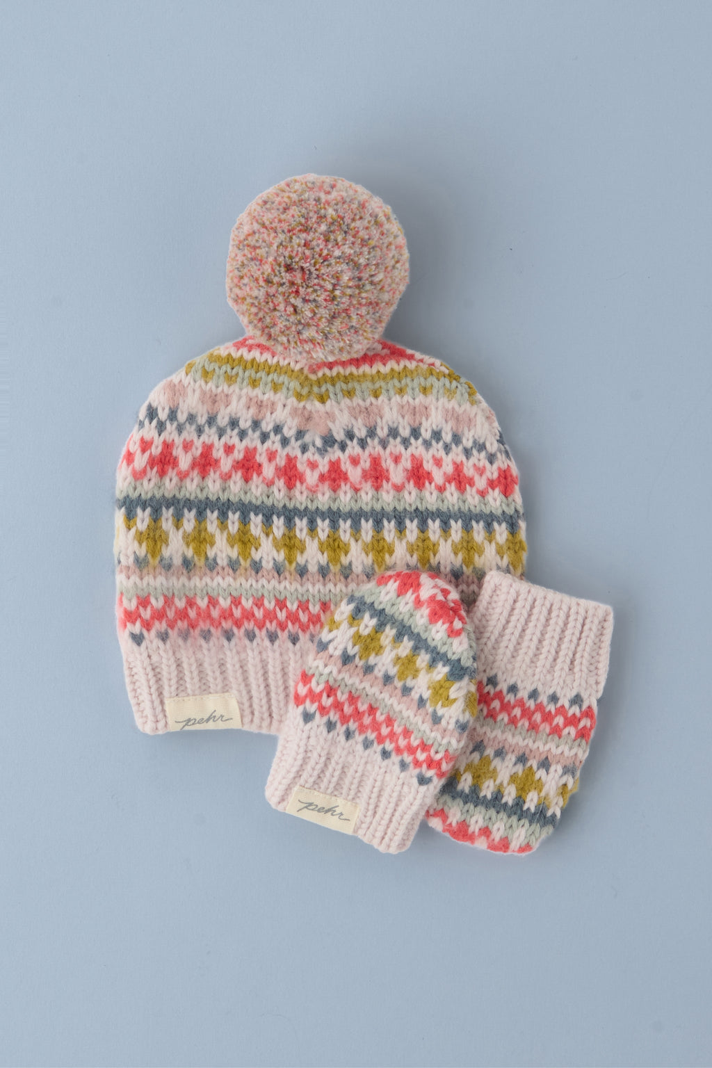 Knit Hat with Pom Pom - Alpine Fair Isle- Matching Flay Lay with Mittens