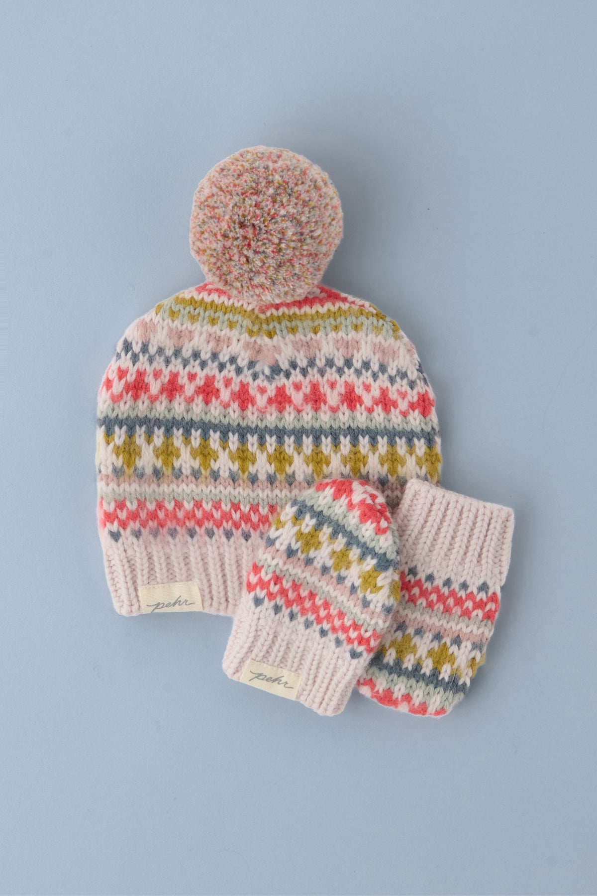 Knit Hat with Pom Pom - Alpine Fair Isle- Matching Flay Lay with Mittens