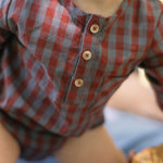 Gingham Long Sleeve One-Piece - Mulberry/Harbor- Up Close - Buttons