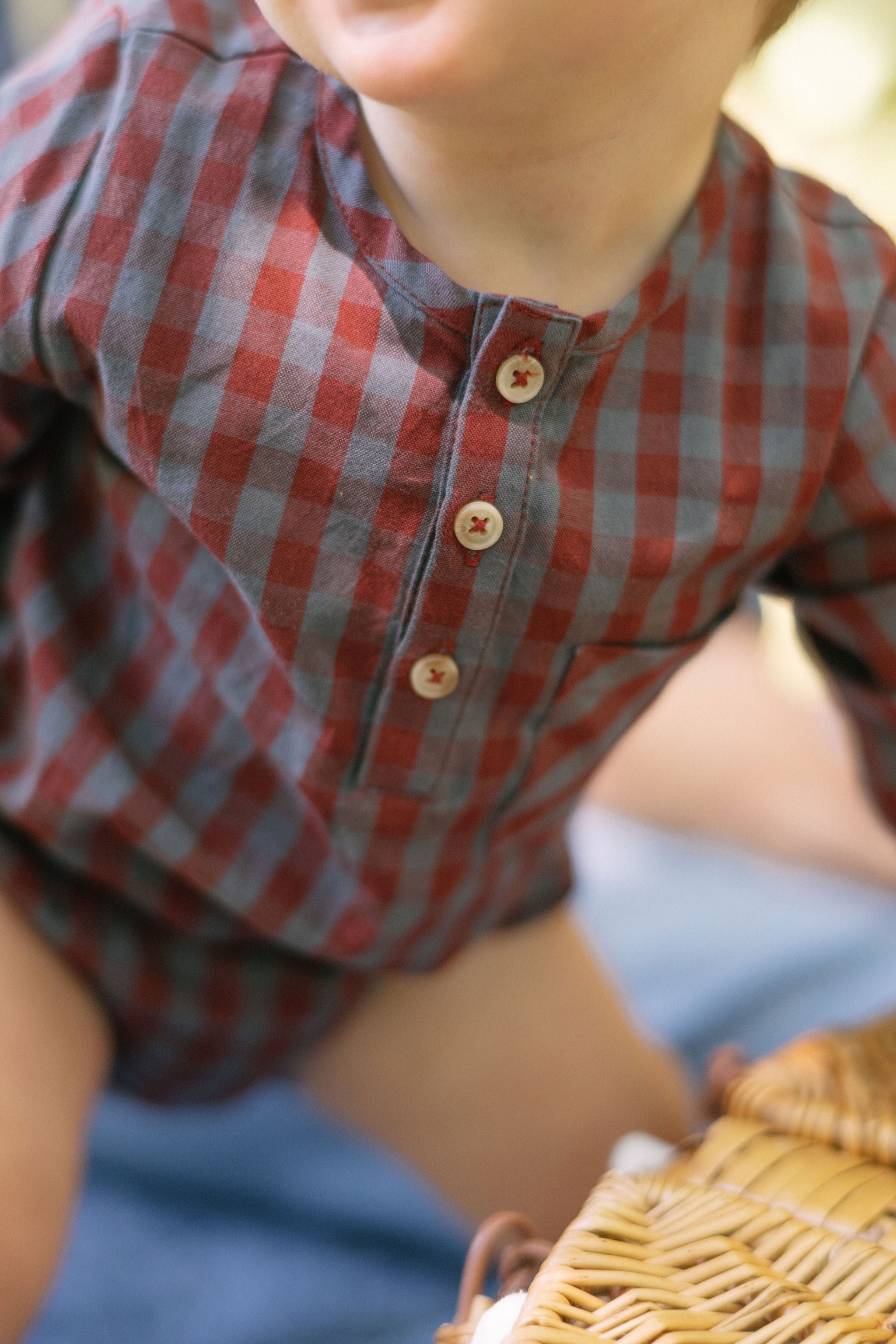 Gingham Long Sleeve One-Piece - Mulberry/Harbor- Up Close - Buttons