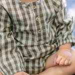 Gingham Long Sleeve One-Piece - Sage/Pine- Up Close 