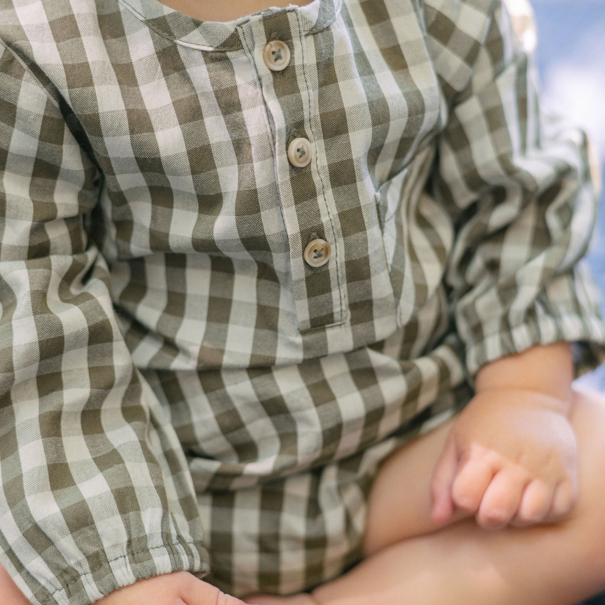Gingham Long Sleeve One-Piece - Sage/Pine- Up Close 