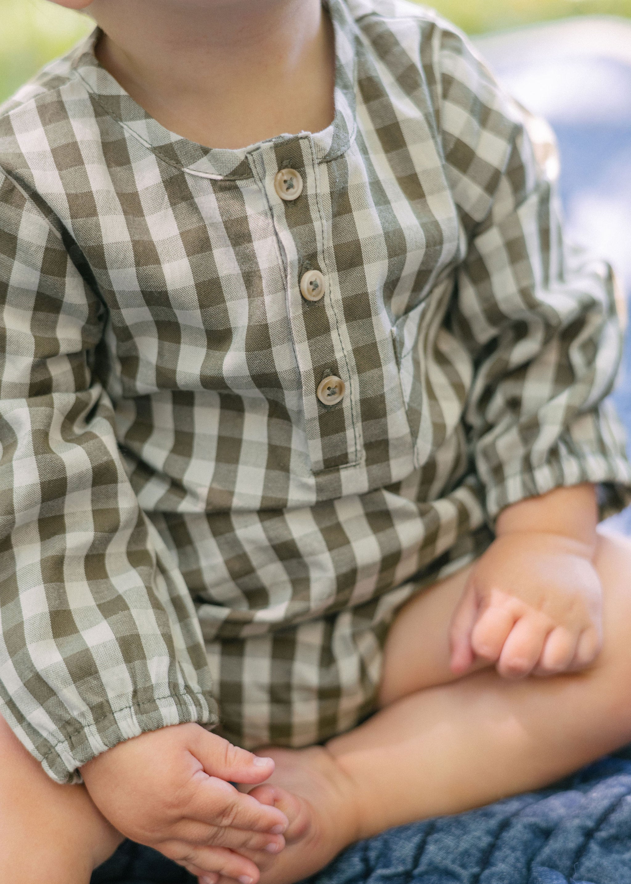 Gingham Long Sleeve One-Piece - Sage/Pine- Up Close 