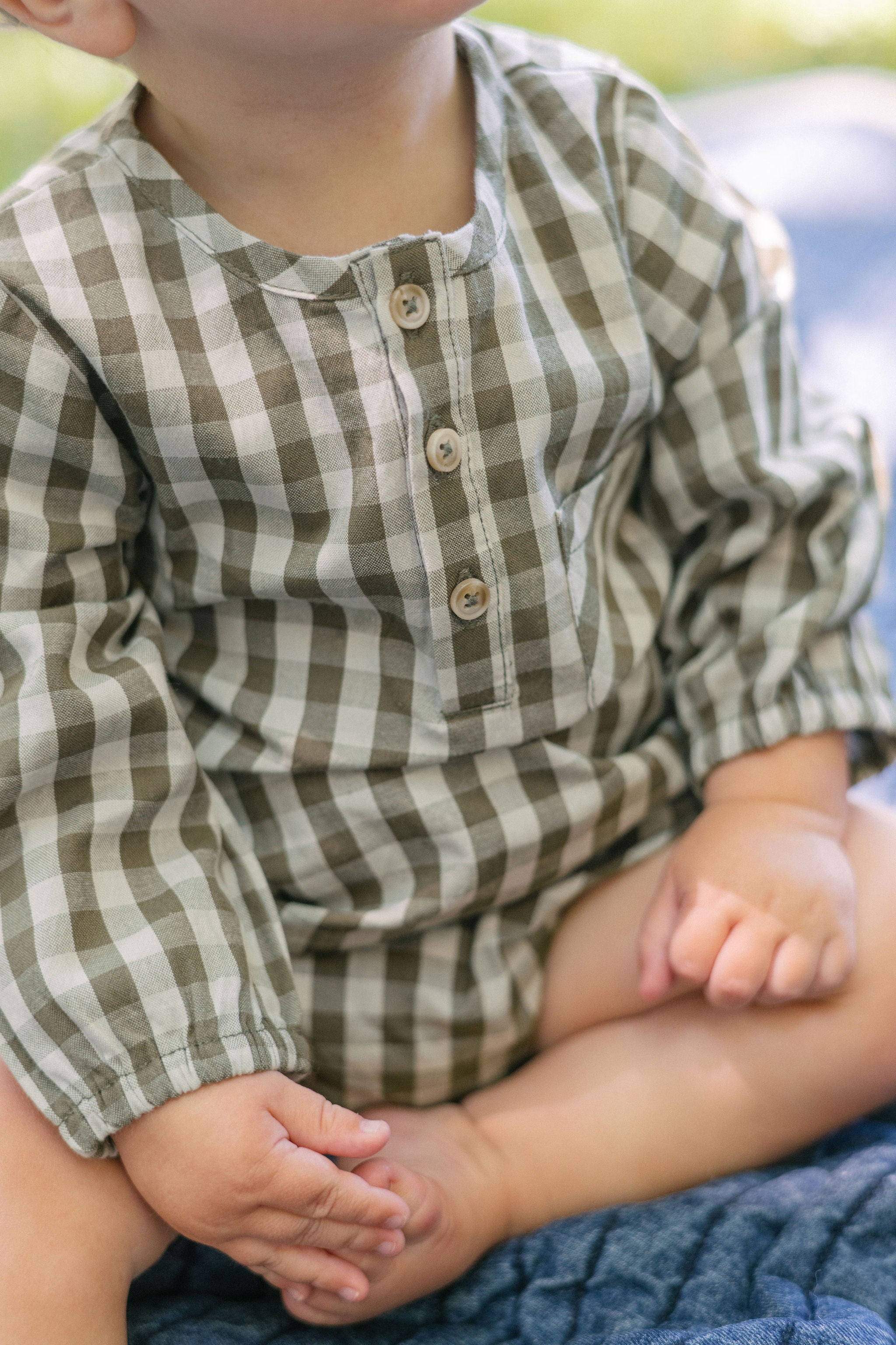 Gingham Long Sleeve One-Piece - Sage/Pine- Up Close 