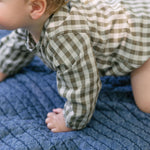 Gingham Long Sleeve One-Piece - Sage/Pine- On Model - Side