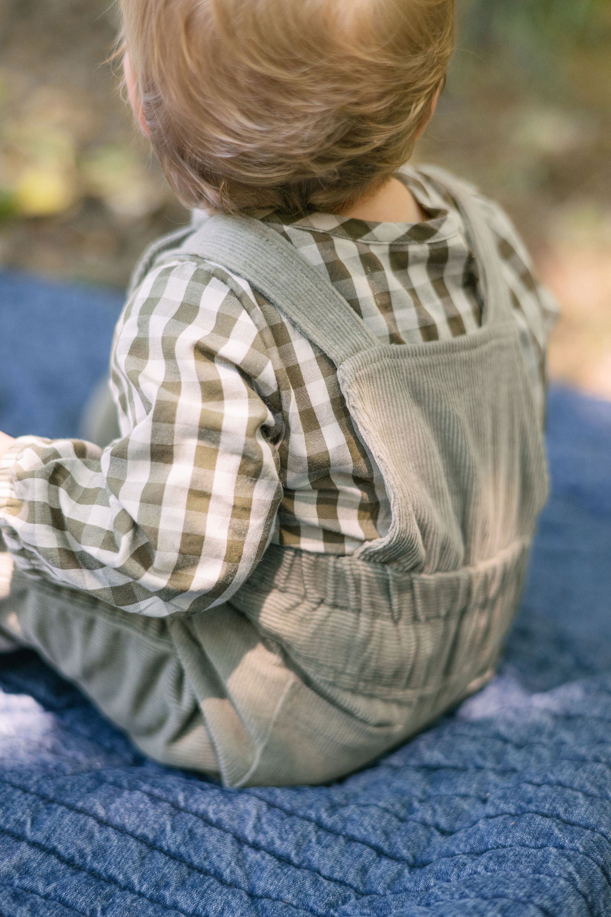 Gingham Long Sleeve One-Piece - Sage/Pine- Back - On Model