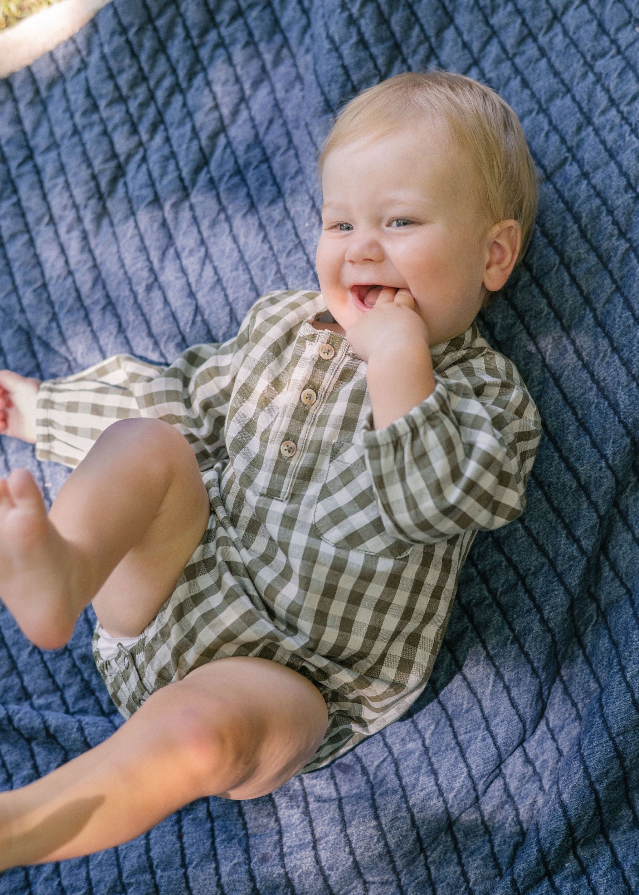 Gingham Long Sleeve One-Piece - Sage/Pine- On Baby
