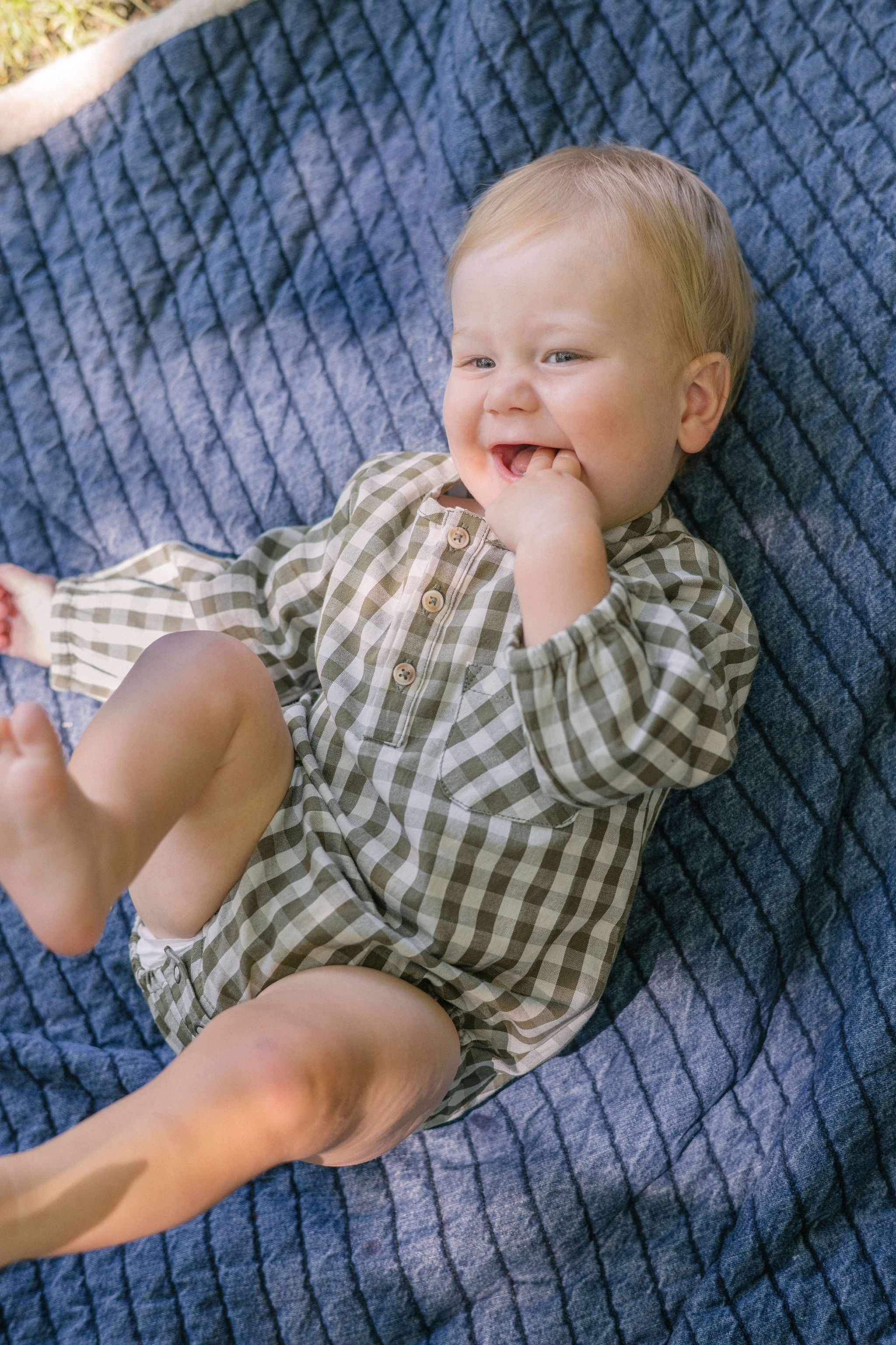 Gingham Long Sleeve One-Piece - Sage/Pine- On Baby