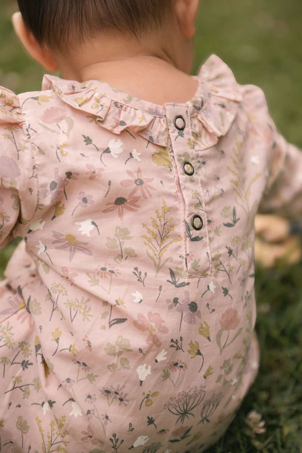 Woven Flutter Neck One-Piece - Wildflower- Back- Up Close Buttons- On Model