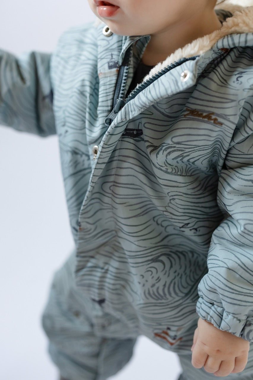 Sherpa Lined Storm Suit - High Seas - Blue- On Baby- Close Up Zipper
