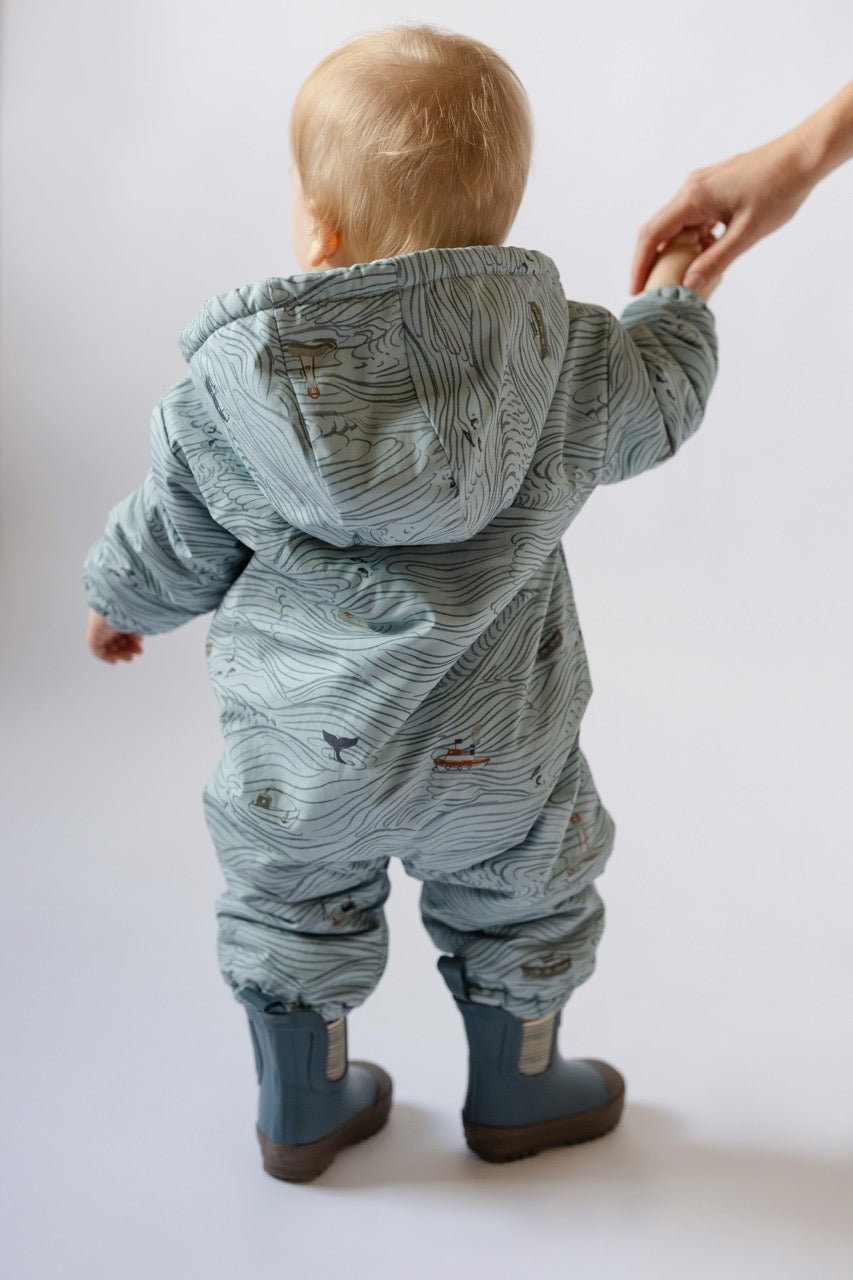 Sherpa Lined Storm Suit - High Seas - Blue- Back of Baby- Rolling Seas Print